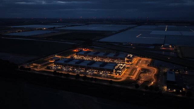 Hyperscale data center aerial view at night for ai and cloud computing