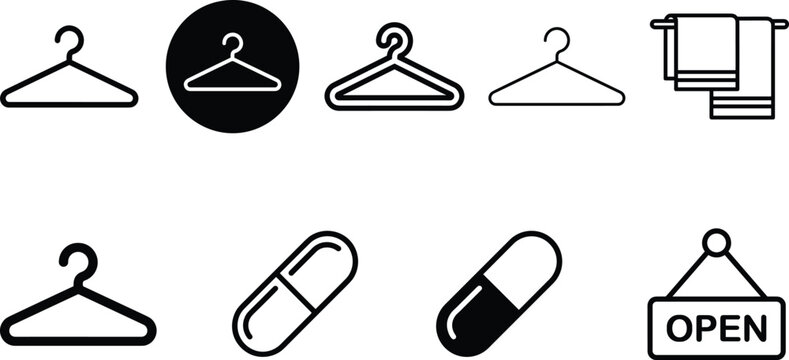Clothes hanger medical pill capsule hanging towel rack and open sign icon set for retail store commerce graphic elements