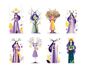 Obraz premium Elf fairy goddess cartoon vector set. Woman girl fantasy magic character myth legend nature forest tree branch leaf horn fruit apple sword weapon dress cloth spirit nymph portrait avatar isolated