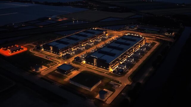Hyperscale data center aerial view at night for ai and cloud computing