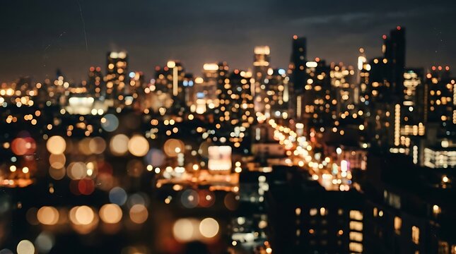 A stunning panoramic view of a modern city skyline at night featuring glowing skyscrapers and vibrant bokeh lights from busy urban streets below
