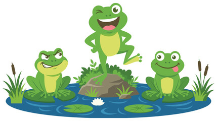 Naklejka premium Cute cartoon frogs characters in pond with lily pads and cattails.