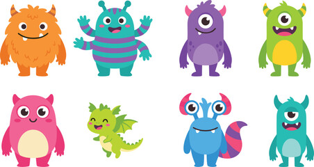 Naklejka premium Cute Cartoon Monster Vector Set Featuring Colorful Horned Cyclops Fluffy Beast and Little Dragon Characters for Kids Book and Halloween Designs