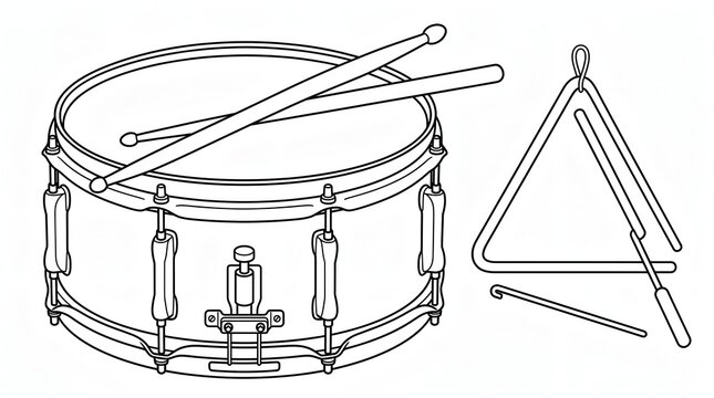 Snare drum and percussion triangle musical instruments as line art