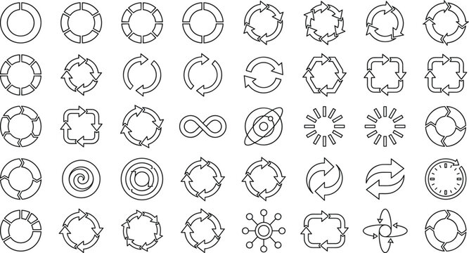 Circular Arrow Line Icons Set Featuring Cycle Loop Refresh Sync Recycle Process and Diagram Symbols