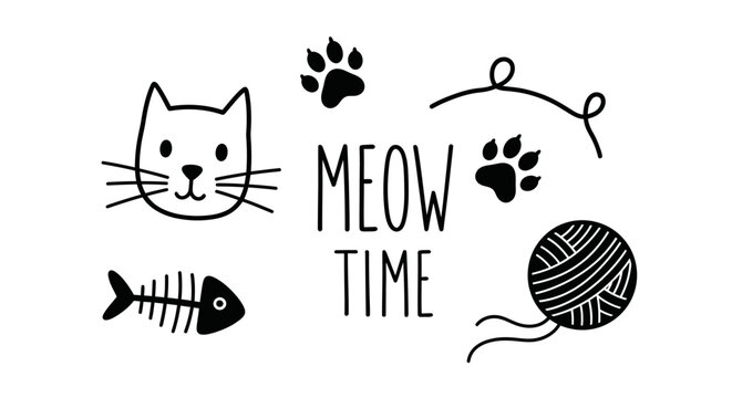 Hand-drawn cat doodle set with meow text, paws, fish bone, and yarn icons.