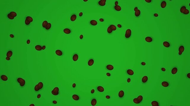 fresh coffee beans scattered on a vibrant green background creating an energetic abstract pattern perfect for morning beverage ads or cafe menus.