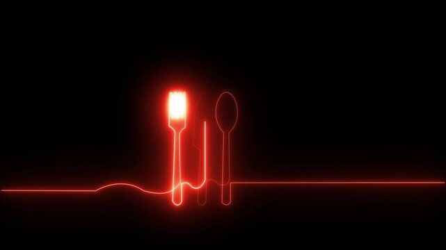Glowing orange neon fork, knife, and spoon cutlery icon outline isolated on black background, perfect for restaurant, food delivery, and dining concept.