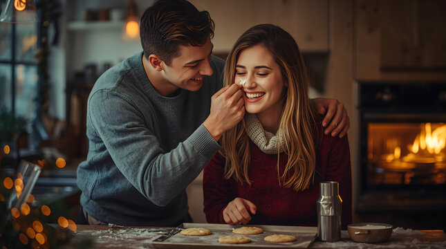 Couple baking cookies joyfully in warm kitchen creates romantic and playful festive holiday atmosphere generative AI