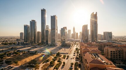 Obraz premium Modern Dubai Skyline with Skyscrapers and Bright Sun Flare