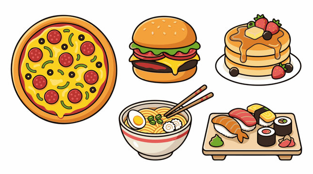 Delicious food collection pizza burger pancakes ramen sushi