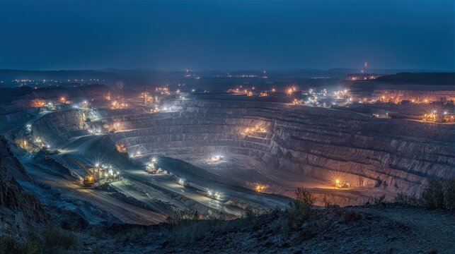 Night panorama of a colossal open-pit mine near Krivoy Rog illuminated by floodlights