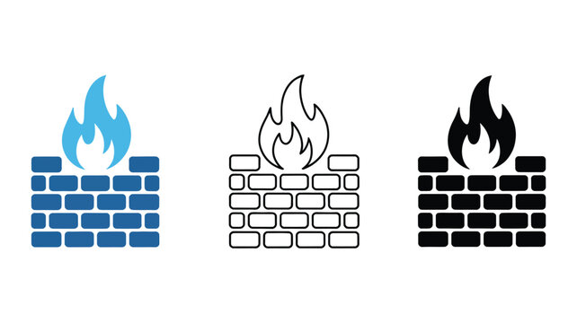 Fire wall icon featuring multicolor filled and outline styles for fire safety, building protection, emergency signage, and transparent background.