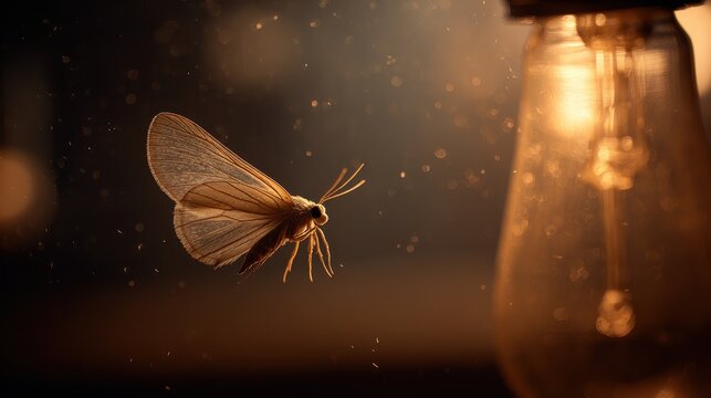 Nocturnal moth hovering near a warm light glow in a dark room