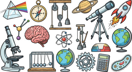 Science Physics Icon Set Prism Telescope Rocket Microscope Brain Atom Globe Hand Drawn Vector Illustration Collection © MdJillur