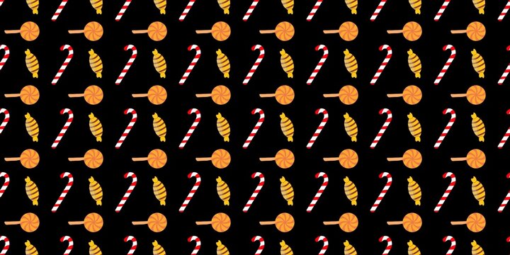 Modern seamless pattern of colorful sweet candies and lollipops on black background