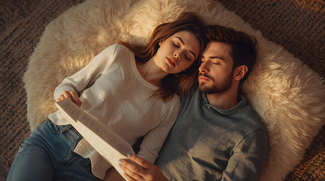 Couple doing crossword puzzle on rug creates calm comfortable and romantically effortless weekend atmosphere generative AI