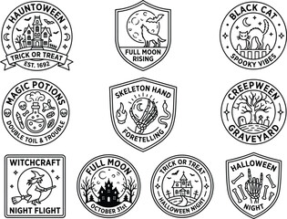 Obraz premium Halloween logo badge vector set, line art haunted house, howling wolf, spooky cat, magic potion bottle, skeleton hand, witch on broomstick