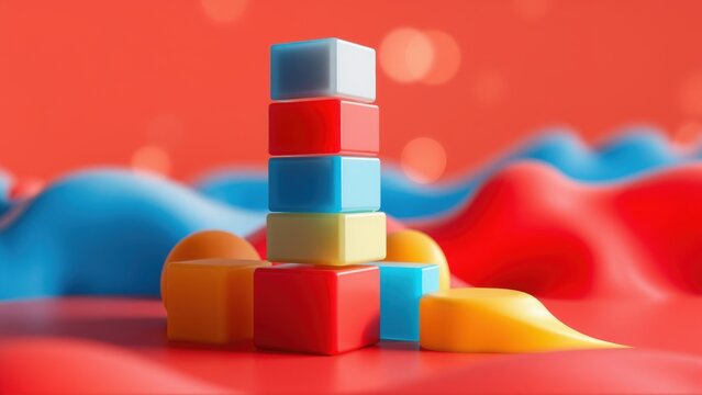 Colorful cubes stacked, flowing shapes surround. Bright reds, blues, yellows create abstract scene. Minimalist design, smooth textures present.