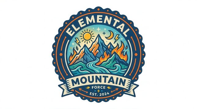 elemental mountain logo with sun moon and waves