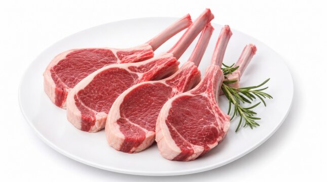 Four raw lamb chops arranged on a white plate with a sprig of rosemary, showcasing fresh, marbled meat ready for cooking.