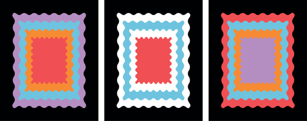A triptych design featuring three sets of layered wavy-edged rectangular frames. Each panel showcases different color combinations creating a cohesive and visually striking set of graphic elements  © Nazmul