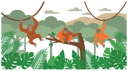 Orangutans hanging from branches in lush green jungle environment. © MDTAZBIRHOSSAIN