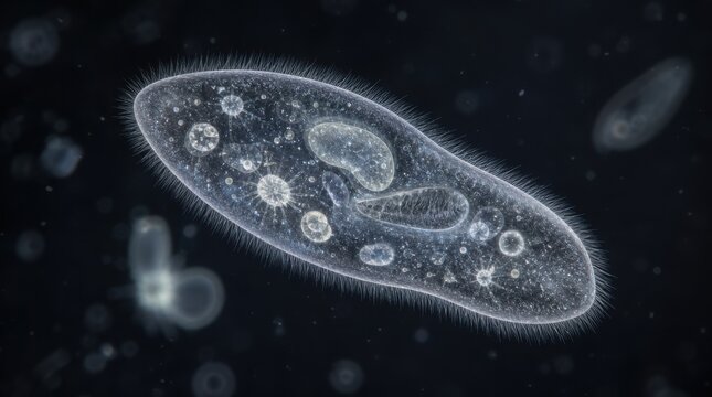 A detailed microscopic view of a single-celled paramecium, showcasing its internal structures and cilia in a dark background.