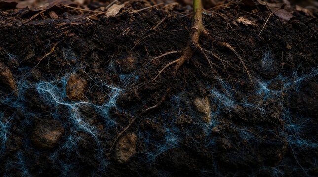 Close-up of plant roots intertwined with white mycelium threads in rich, dark soil, highlighting underground symbiosis.