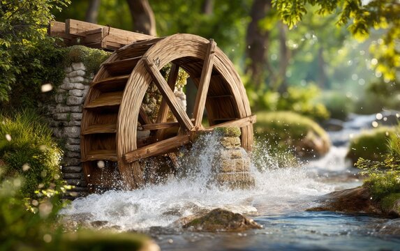 Rustic wooden water wheel turning in flowing stream with natural greenery