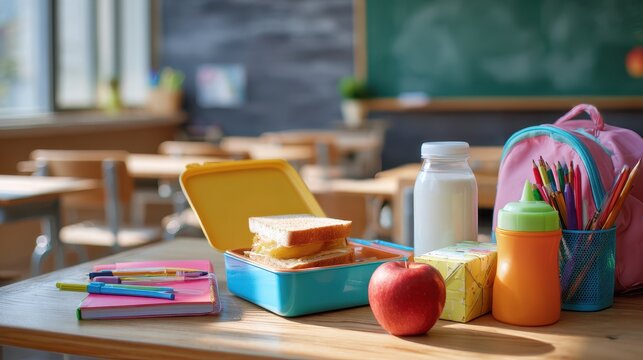 Organized study setup at a school desk with lunch and learning tools