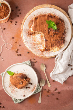 Top view of traditional homemade tiramisu cake