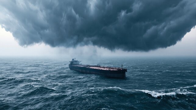Oil tanker crossing a stormy ocean under massive dark clouds illustrating global shipping uncertainty and energy infrastructure vulnerability