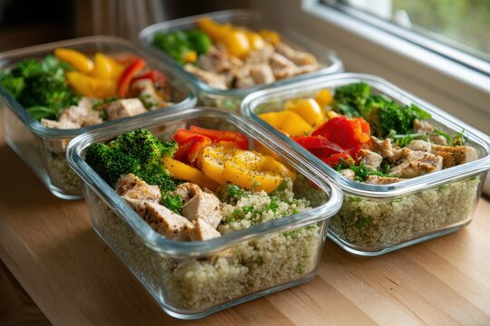 Organized to-go meals: portioned quinoa and chicken in sleek glass containers