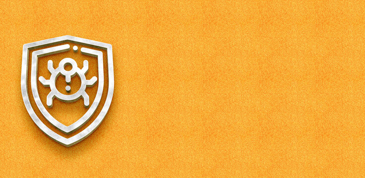 Antivirus shield protecting against malware and bug threats on a textured orange background
