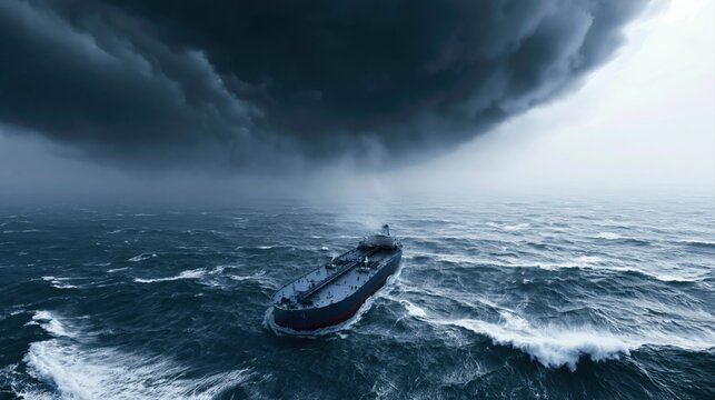 Large oil tanker sailing through dangerous stormy waters highlighting maritime transport vulnerability and global energy supply chain risks