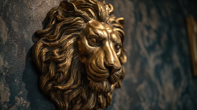 Ornate gold lion relief on a textured wall, dramatic lighting and classic interior styling