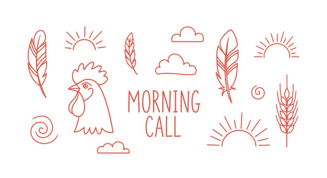 Minimalist red line art morning icons featuring a rooster, sun, and wheat.