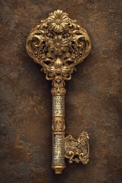 Ornate golden key with intricate filigree and arcane runes, vintage relic