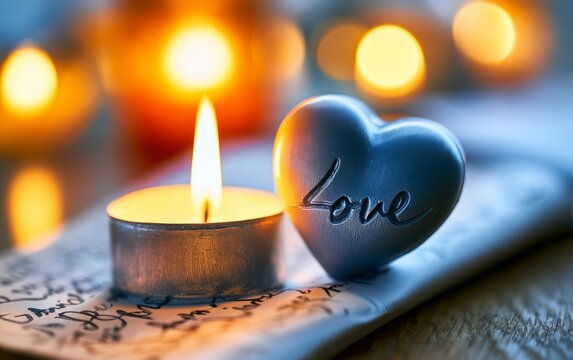 Romantic Candlelit Scene with Heart-Shaped Decor and Warm Lighting for Love and Anniversary Celebration