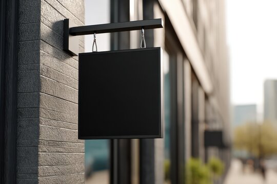 Outdoor black square metal signboard mockup for logo presentation on a storefront