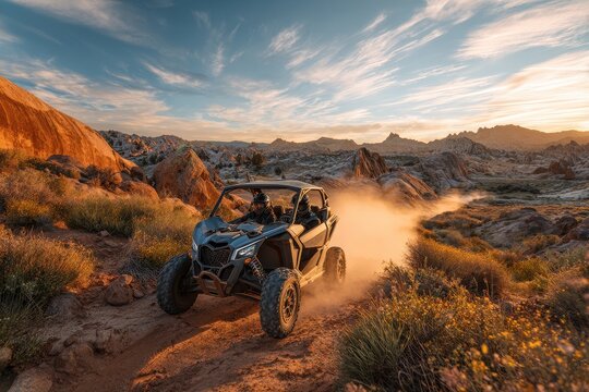 Outdoor adventure: two on an ATV cruising dusty terrain under a clear sky