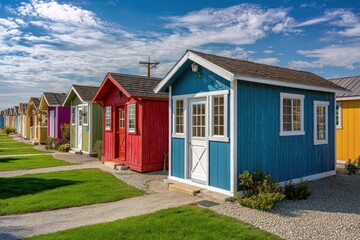 Fototapeta premium Outdoor display of single-story garden sheds in bright hues with white trim