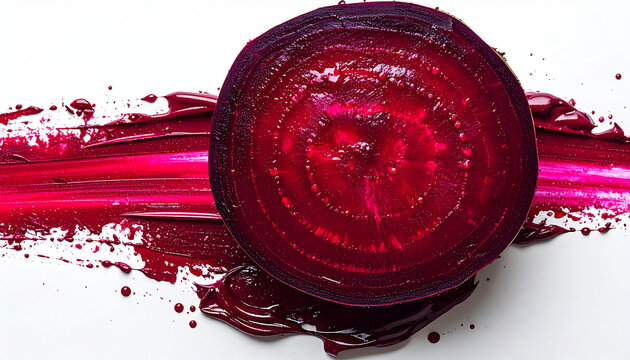 A vibrant cross-section of a red beet slice with rich crimson streaks and splashes on a white background, showcasing its natural color and texture.