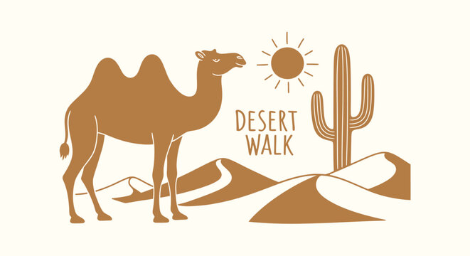 Minimalist camel silhouette illustration in desert landscape with sun and cactus.