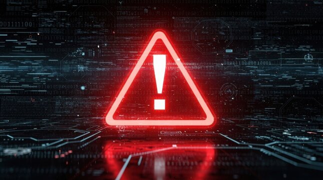 A glowing red warning triangle with an exclamation mark stands out against a dark digital background filled with circuits and binary code.