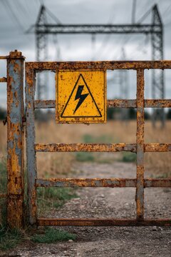 Outdoor metal gate with yellow warning triangle and lightning bolt sign over overhead power lines
