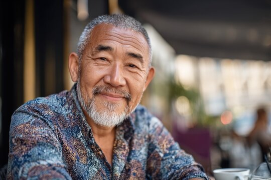 Outdoor portrait of a mature Asian man enjoying coffee in a sunny cafe setting