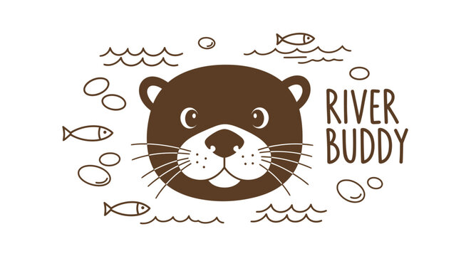 Cute otter face illustration with River Buddy text and aquatic line art icons.