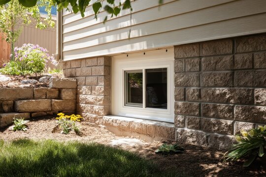 Outdoor shot of a basement bedroom egress window with clear glass and window well